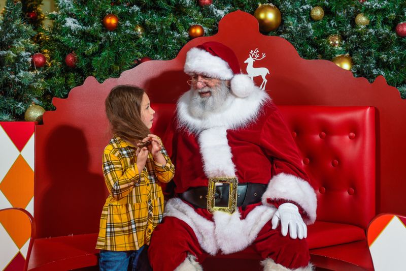 Au Carrefour du Nord, une fillette parle au père Noël, assis sur sa banquette rouge devant des sapins décorés